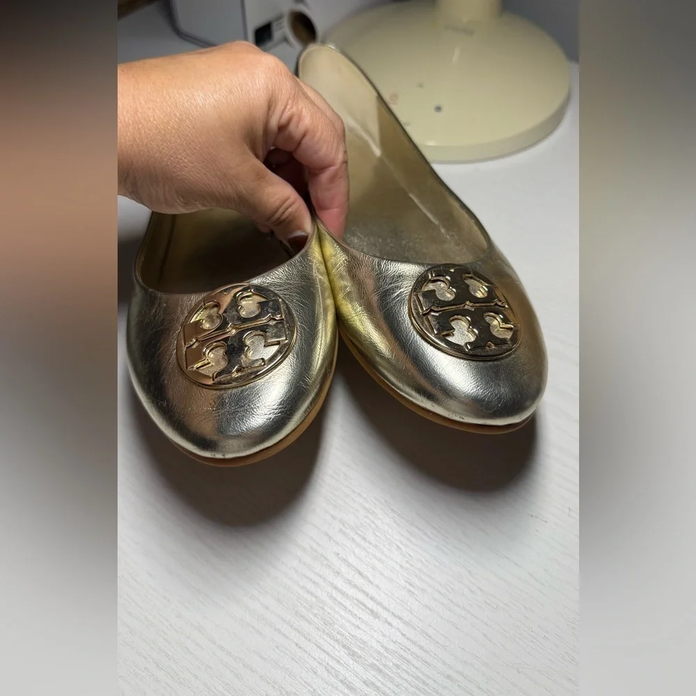 Tory Burch Metallic Gold Flats with gold logo